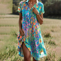Women's Floral V-Neck Short Sleeve Summer Midi Dress