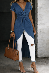 Women's V-Neck Wrap Tunic Blouse with Short Sleeves and Flattering Silhouette