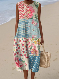 Women's Casual Patchwork Midi Dress with Relaxed Silhouette