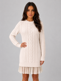 Women's Cable Knit Mini Dress with Pleated Hem and Long Sleeves