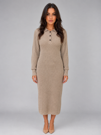 Women's Long Sleeve Midi Dress with Polo Button Neck