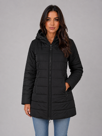 Women's Longline Quilted Puffer Coat with Hood and Winter Design