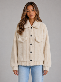 Women's Button-Up Teddy Jacket with Collared Neck and Cozy Design