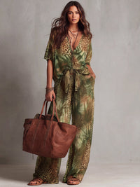 Women's Deep V-Neck Leopard Print Set with Half Sleeves and Knot Detail