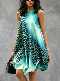 Women's Leopard Print Mini Dress with A-Line Silhouette and Round Neck Design