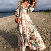Women's Floral Print V-Neck Maxi Dress with Long Sleeves