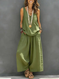 Women's V-Neck Pleated Two-Piece Set with Elastic Waist and Easygoing Style
