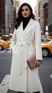 Women's Classic Double-Breasted Coat with Belted Waist and Elegant Design