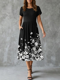 Women's Floral Print Midi Dress with High Waist A-Line Silhouette and Pocket Detail