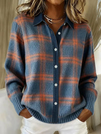 Women's Relaxed Plaid Button-Up Sweater with Long Sleeves
