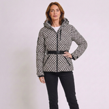Women's Belted Hooded Ski Jacket with Fitted Design and Long Sleeves