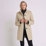 Women's Button-Front Long Coat with Stand Collar and Classic Design