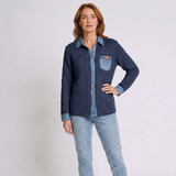 Women's Knit-Style Top with Denim-Inspired Details and Long Sleeves
