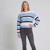 Women's Cropped Striped Jumper with Round Neck and Long Sleeves