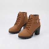 Women's Lace-Up Ankle Boots with Metal Buckle and Chunky Sole