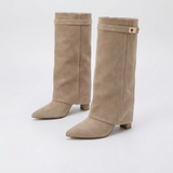 Women's High Boots with Gold Buckle Detail and Elegant Design
