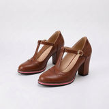Women's T-Strap Mary Jane Shoes with Brogue Detail and Block Heel Design