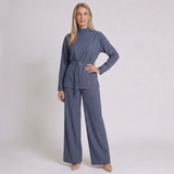 Women's Pinstripe Two-Piece Set with High-Neck Top and Wide-Leg Trousers