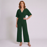 Women's V-Neck Jumpsuit with Short Sleeves and Wide-Leg Design