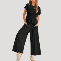 Women's Peplum Top and Wide Leg Pants Set with Elegant Coordinated Style