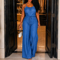 Women's Halter Neck Jumpsuit with Wide Leg Silhouette and Drawstring Waist