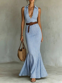 Women's Striped Deep V-Neck Maxi Dress with Belted Mermaid Silhouette