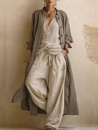 Women's V-Neck Three-Piece Set with Long Sleeves and Layered Styling