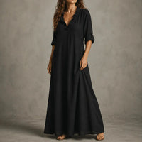 Women's Boho V-Neck Maxi Dress with Ruffle Accents and Roll-Up Sleeves