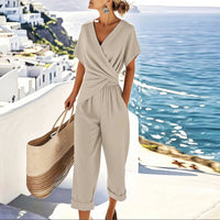 Women's Casual V-Neck Wide Leg Set with Short Sleeves