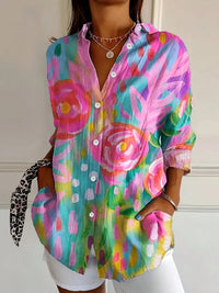 Women's Colorful Button-Up Long Sleeve Floral Blouse