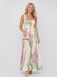 Women's Sleeveless Pleated Midi Dress with Square Neck