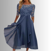 Women's Floral Lace Evening Maxi Dress with Sheer Sleeves