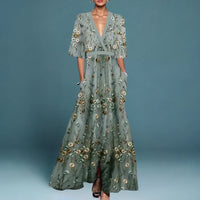 Women's Elegant Floral Pattern V-Neck Maxi Dress with Half Sleeves