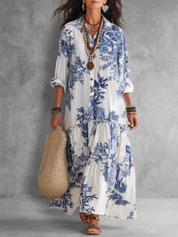 Women's Leaf Print Maxi Dress with Long Sleeves and Pleated Button-Front Design