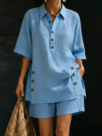Women's Button-Up Shorts Two-Piece Set with Lapel Collar and Relaxed Silhouette
