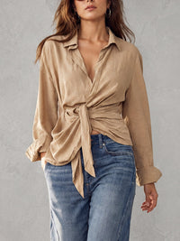 Women's Long Sleeve Blouse with Lapel Collar and Knot Detail