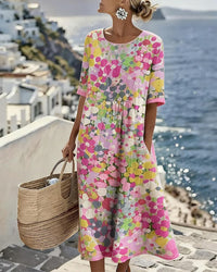 Women's Casual Printed Midi Dress with Flowing Relaxed Silhouette
