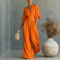 Women's V-Neck Wide Leg Jumpsuit with Pleated Waist and Tie Sash Detail