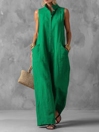 Women's Sleeveless Button-Up Jumpsuit with Stand Collar and Relaxed Silhouette