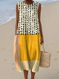 Women's Casual Color Block Polka Dot Midi Dress with Sleevesless