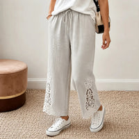Women's Wide Leg Drawstring Pants with Floral Cutwork Hem Detail