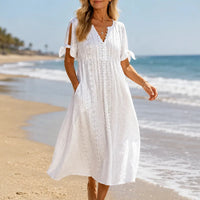 Women's V-Neck Midi Dress with Tie Sleeves and Functional Pockets