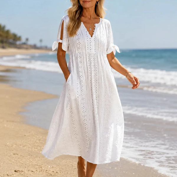 Women's V-Neck Midi Dress with Tie Sleeves and Functional Pockets