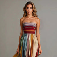 Women's Strapless Colorful Pleated Summer Maxi Dress