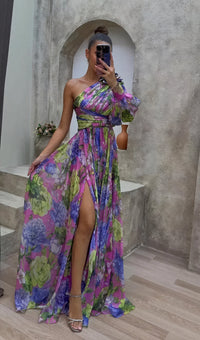 Women's Floral Print Asymmetrical Dress with Elegant Side Slit