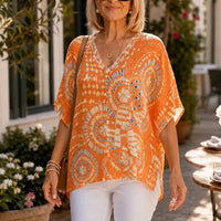 Women's Boho Floral Print V-Neck Blouse with Dolman Sleeves