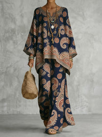 Women's V-Neck Printed Blouse with Batwing Sleeves and Asymmetric Contrast Design