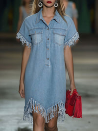 Women's Vintage Loose-Fit Mini Dress with Tassel Details
