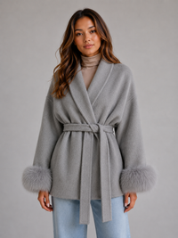 Women's Belted Wrap Coat with Faux Fur Trim and Elegant Design