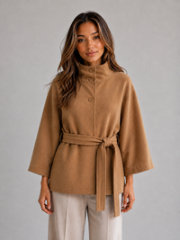 Women's Belted Cape Jacket with Stand Collar and Wrap Design
